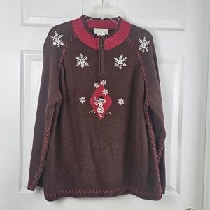 Christmas Sweater XL‎ 90s Knit Snowman Kitschy Snowflakes Beaded Embroidered VTG
